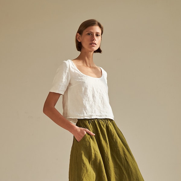 Linen crop top with scoop neck ENYA, Short sleeve crop top, Handmade linen top dyed in small batches