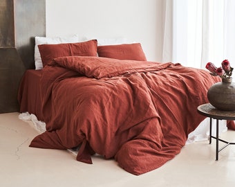 Juego de cama de lino de 3 piezas en color ladrillo rojo: incluye edredón y fundas de almohada.