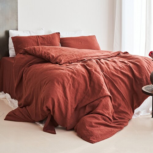 3 Piece Linen Bedding Set Red Brick Color Bedding Linen Etsy