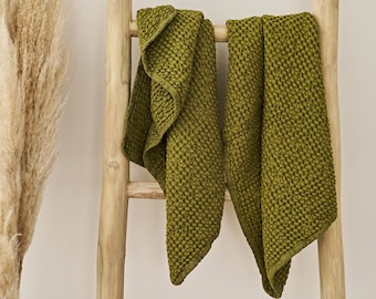 Conjunto de 2 toalhas de mão waffle de linho verde musgo com alça