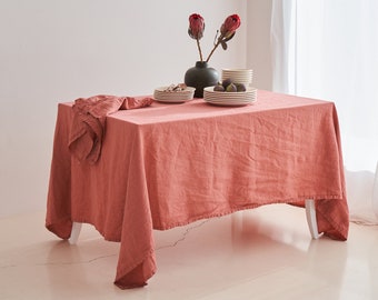Linen tablecloth in Canyon Clay color, Rectangle dining table cloth, Bohemian table linen, Handmade and dyed in small batches, Extra wrinkly