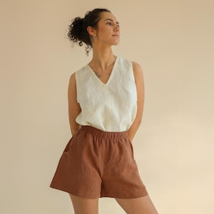 Shorts de linho de cintura alta: Shorts casuais com cós elástico e bolsos NEBRASKA