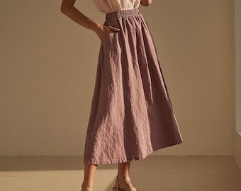 Jupe maxi en lin avec taille élastique SINEAD, jupe longue en lin, jupe pour femme avec taille élastique, jupe en lin avec poches