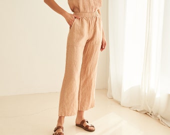 Linen trousers with elastic waist HARLOW, Linen pants with pockets, High waisted linen trousers, Casual linen pants for woman