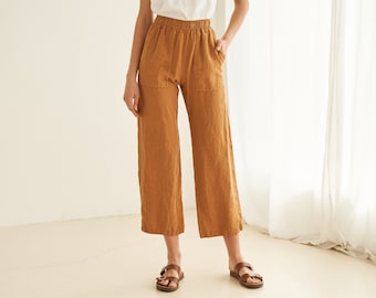 Linen trousers with elastic waist HARLOW, Linen pants with pockets, High waisted linen trousers, Casual linen pants for woman