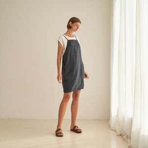 Linen pinafore dress with pockets HAVEN, Linen strap dress in Charcoal and other colors, Linen apron dress for woman, Handmade linen clothes
