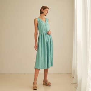 Handmade Linen Midi Dress ONYI: Sleeveless Button-Front V-Neck