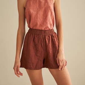 Linen shorts with elastic waist NEBRASKA, Linen shorts with pockets, High waisted linen shorts, Casual linen shorts for woman