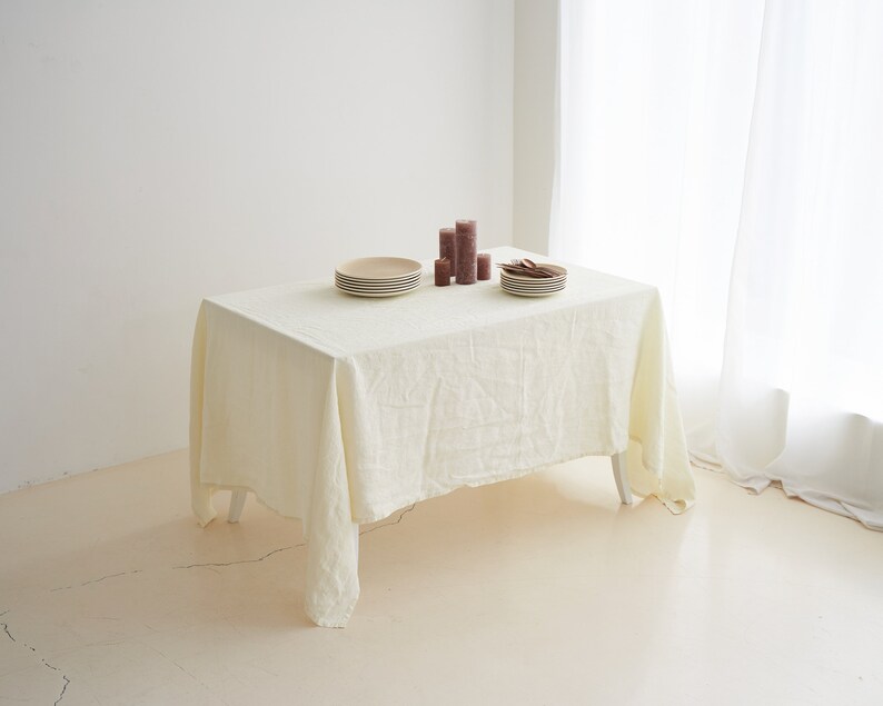 Linen tablecloth in Cream color, Rectangle dining table cloth, Rustic table linen, Handmade and dyed in small batches, Extra wrinkly image 2