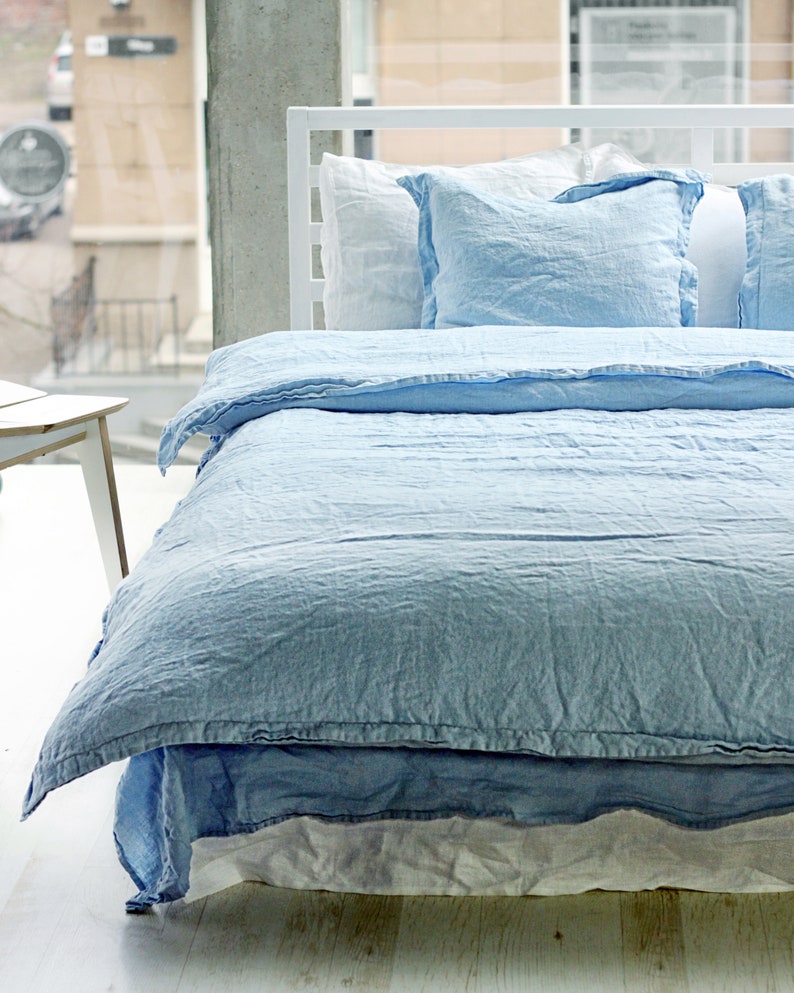 Linen Flange Duvet Cover Sky Blue Linen Bedding Linen Duvet Etsy