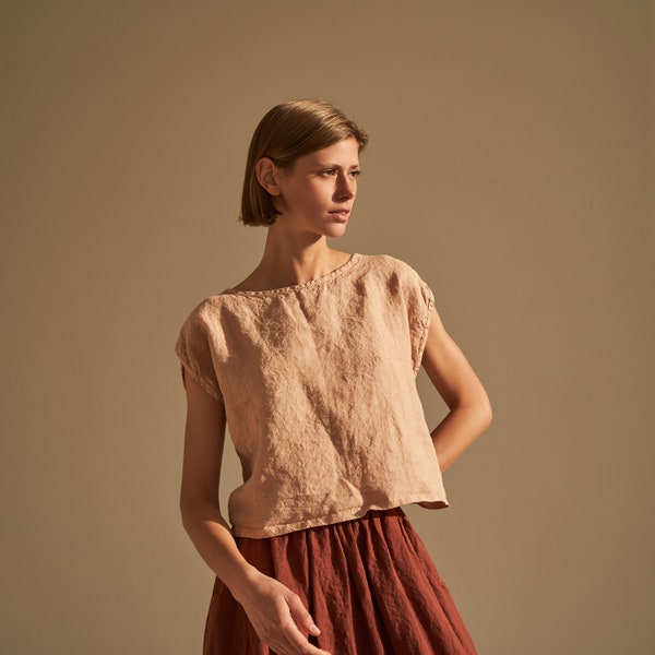 Linen crop top ISLA, Casual top for woman, Linen sleeveless shirt, Loose top for summer, Comfy linen crop blouse