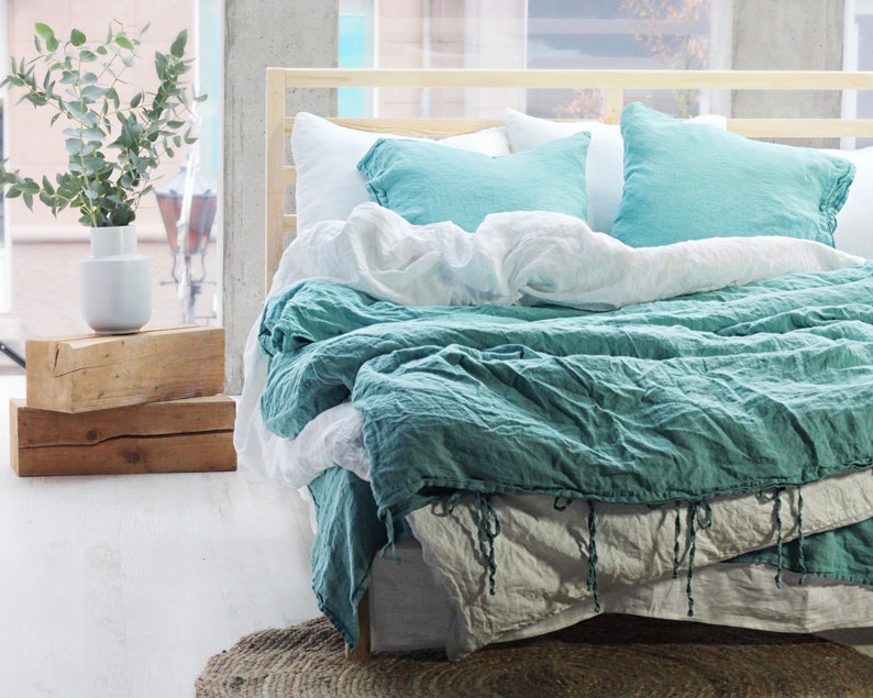 Linen Duvet Cover With Ties Emerald Image 0