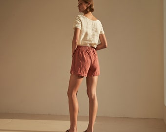 Linen shorts with elastic waist NEBRASKA, Linen shorts with pockets, High waisted linen shorts, Casual linen shorts for woman