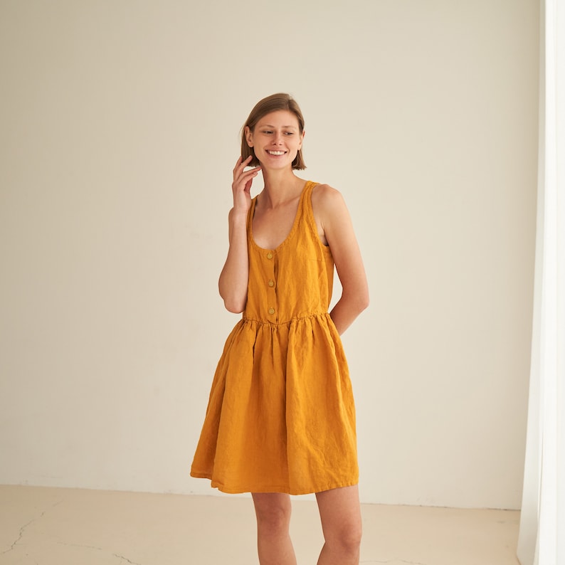 Linen dress with button closure in mini length CELIA, linen coop neck dress image 2