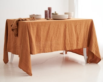 Linen tablecloth in Honey Mustard color, Rectangle dining table cloth, Rustic table linen, Handmade and dyed in small batches, Extra wrinkly