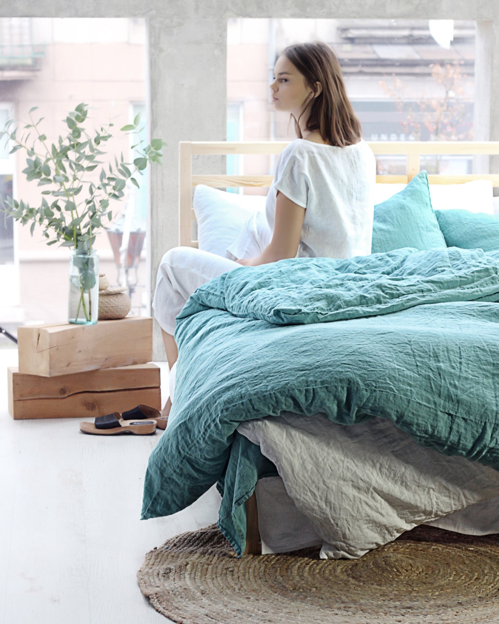 3 Piece Linen Bedding Set, Blue Turquoise Bedding, Linen Bedding, Linen