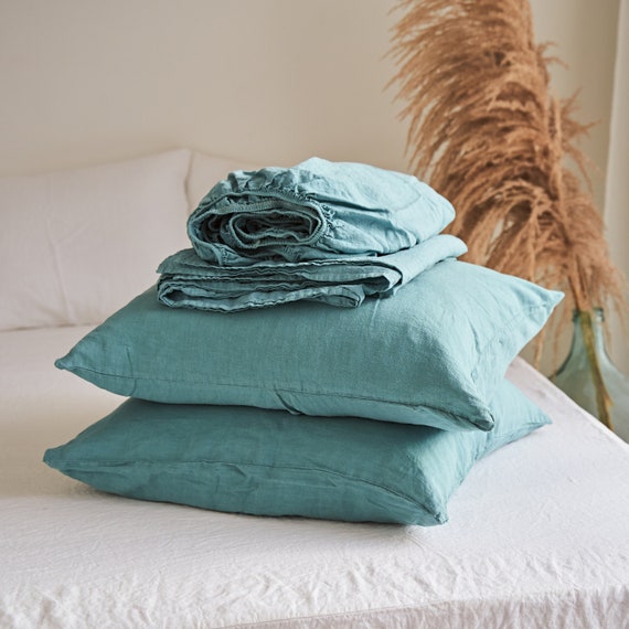 Juego de sabanas y fundas de almohada de lino de 4 piezas sabana ajustable de lino