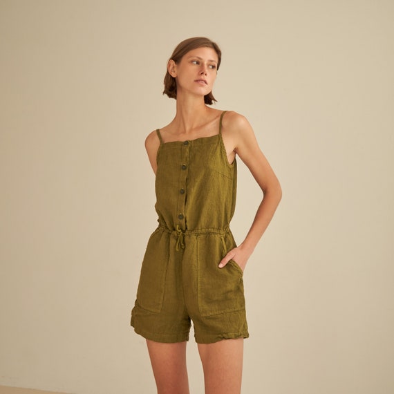 Linen Shorts Jumpsuit LUCA, Linen Romper for Woman, Casual Playsuit With  Drawstring Waist, Spaghetti Strap Romper With Buttons, Linen Romper 