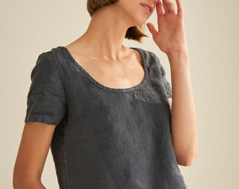 Linen crop top with scoop neck ENYA, Short sleeve crop top, Handmade linen top dyed in small batches