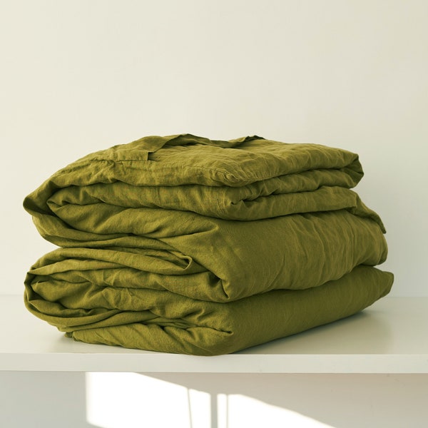 Funda nórdica de lino musgo: ropa de cama de lino puro, tamaño king y queen