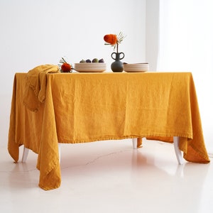 Handmade Saffron Linen Tablecloth: Rustic Wrinkled Table Linen