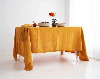 Linen tablecloth in Saffron color, Rectangle dining table cloth, Rustic table linen, Handmade and dyed in small batches, Extra wrinkly