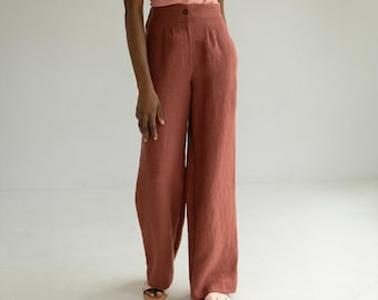 Pantalones de lino plisados ​​NELL - Pantalones de lino de talle alto y pierna ancha con bolsillos - Pantalones palazzo clásicos, cuatro largos de entrepierna