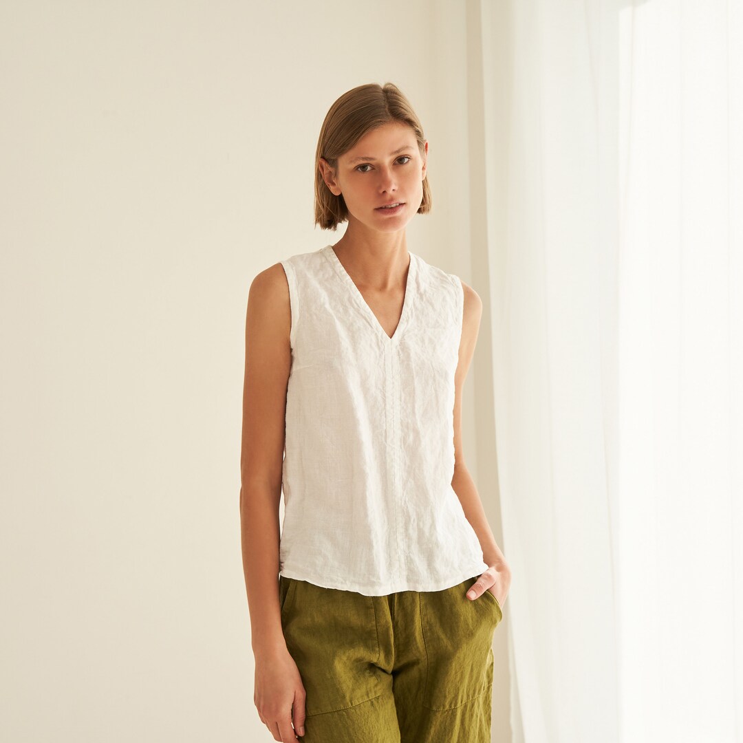 Linen Sleeveless V-neck Top: Casual Linen Blouse NOVA - Etsy