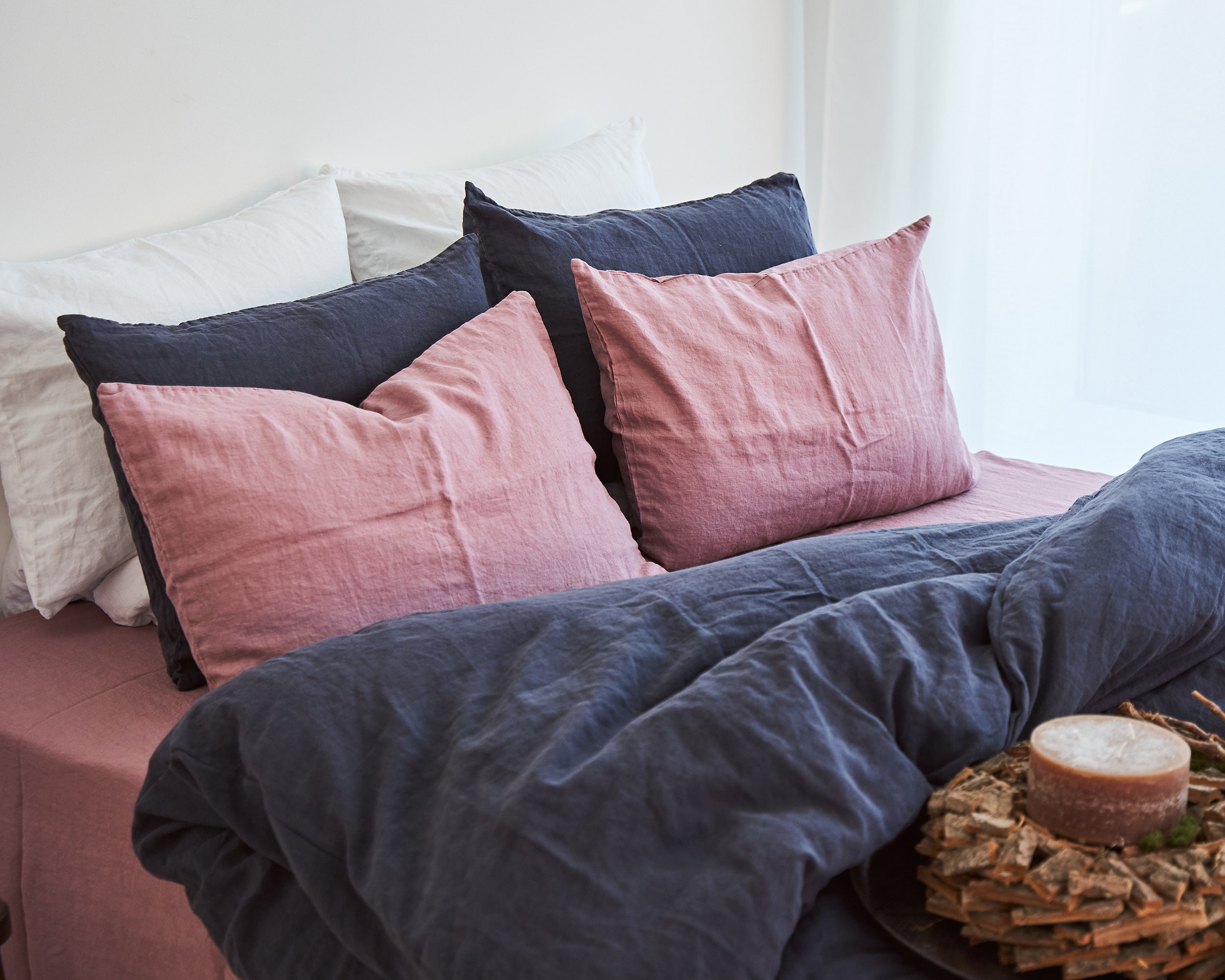 Linen Pillow Covers Set of 2: Envelope Closure, Wrinkled Texture