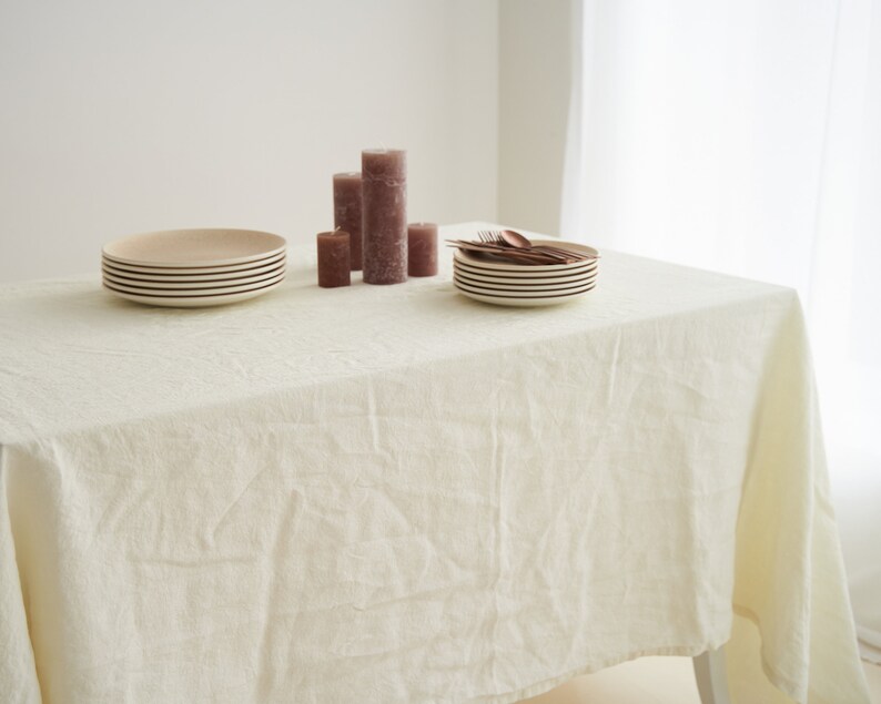 Linen tablecloth in Cream color, Rectangle dining table cloth, Rustic table linen, Handmade and dyed in small batches, Extra wrinkly image 4