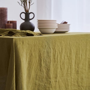 Handmade Moss Linen Tablecloth: Rustic Wrinkled Dining Table Linen