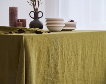 Linen tablecloth in Moss color, Rectangle dining table cloth, Rustic table linen, Handmade and dyed in small batches, Extra wrinkly