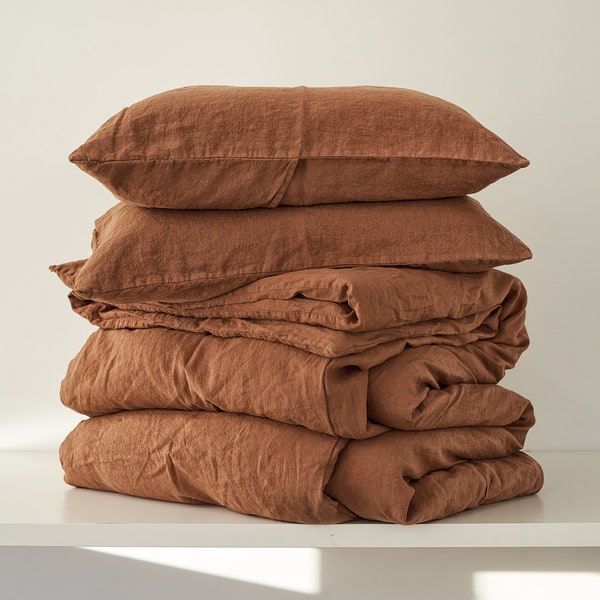 3 Piece Linen Bedding Set: Tobacco Duvet Cover & Pillow Cases