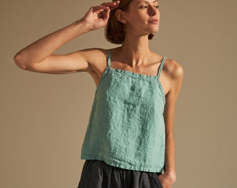 Linen crop top with spaghetti straps KHAI, Linen crop top with side splits, Handmade linen top, dyed in small batches