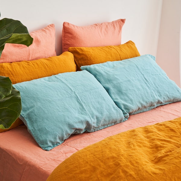 Juego de fundas de almohada de lino: fundas de almohada con sobres en azul turquesa