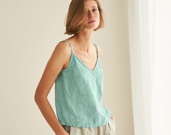 Linen top with spaghetti straps CELESTE, V neck summer top