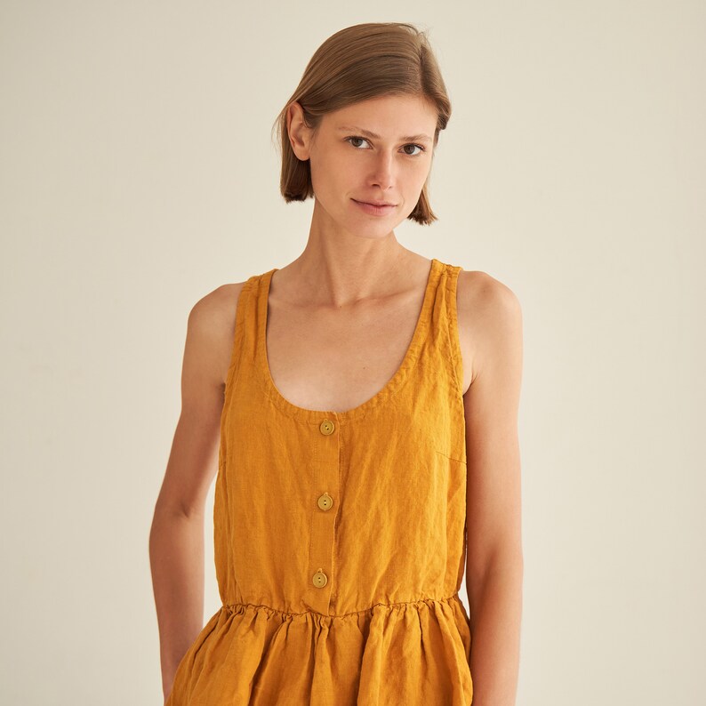 Linen dress with button closure in mini length CELIA, linen coop neck dress image 3