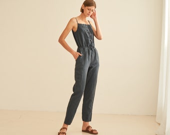 Linen pants jumpsuit AIKO, Linen romper for woman, Casual playsuit with drawstring detail, Spaghetti strap romper with buttons, Linen romper