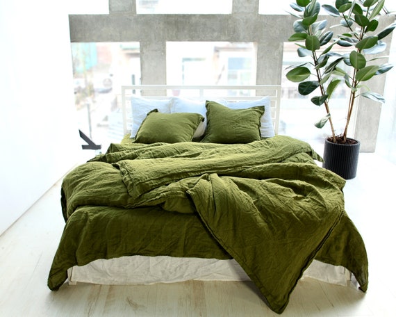 Linen Flange Bedding Set Moss Linen Bedding Linen Bedding Etsy
