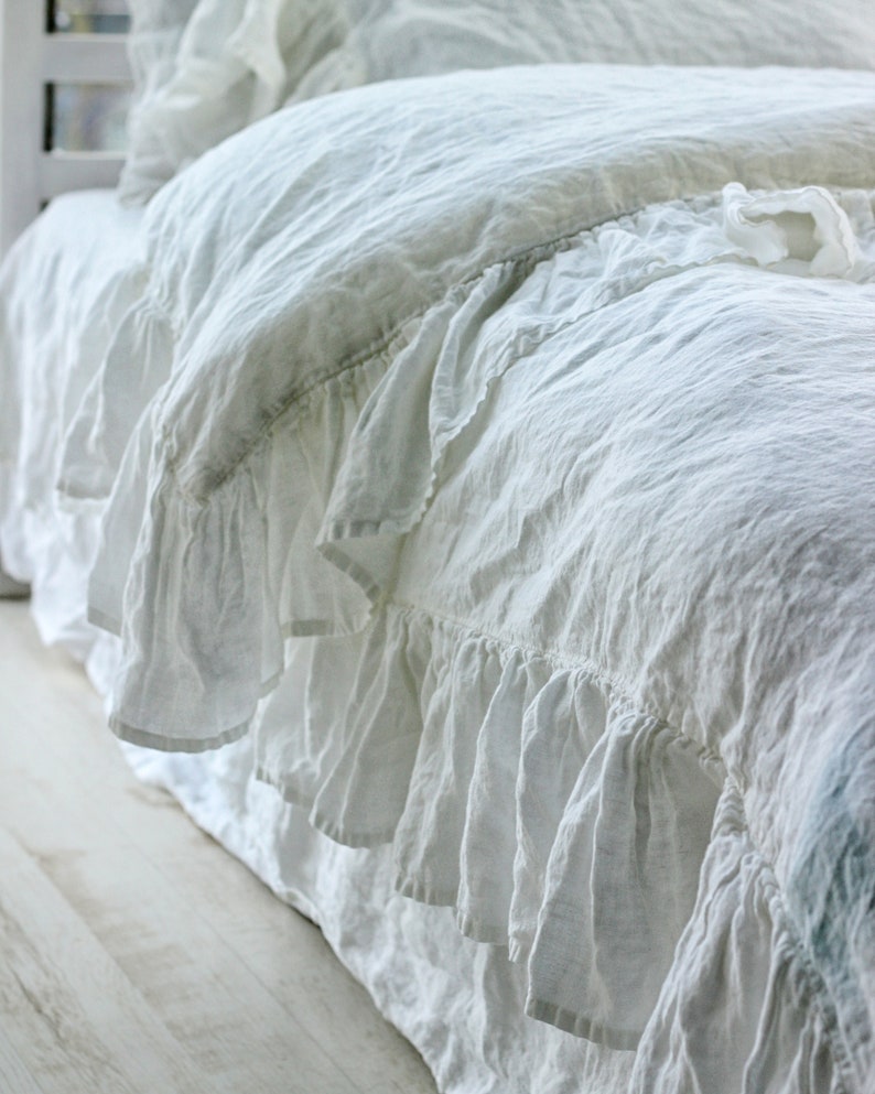 3 piece Ruffled linen bedding set White bedding Linen Etsy