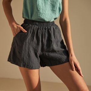 Elastic waist  linen shorts NEBRASKA, Linen shorts with pockets, High waisted linen shorts, Casual linen shorts for woman