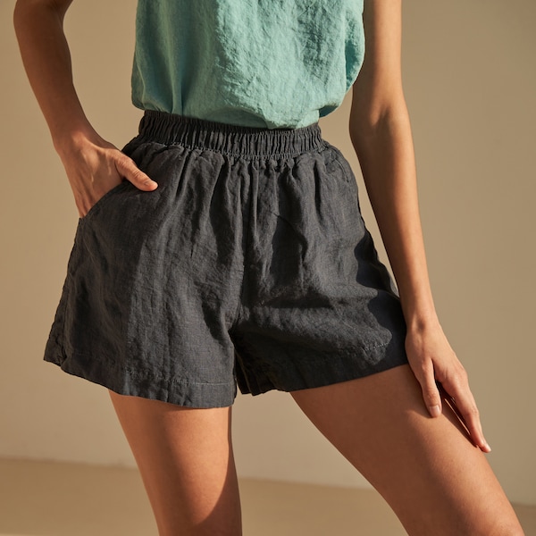 Short en lin taille élastique NEBRASKA, Short en lin avec poches, Short en lin taille haute, Short en lin décontracté pour femme