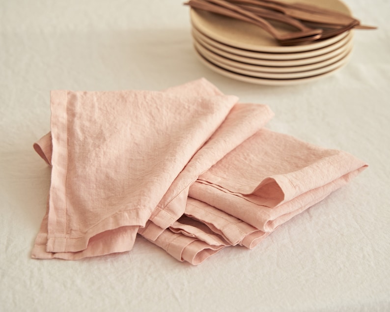 Lot de 4 serviettes de table en lin, serviettes de table en lin, serviettes en lin doux, linge de table rustique, linge de table bohème, décoration de table rustique Blush