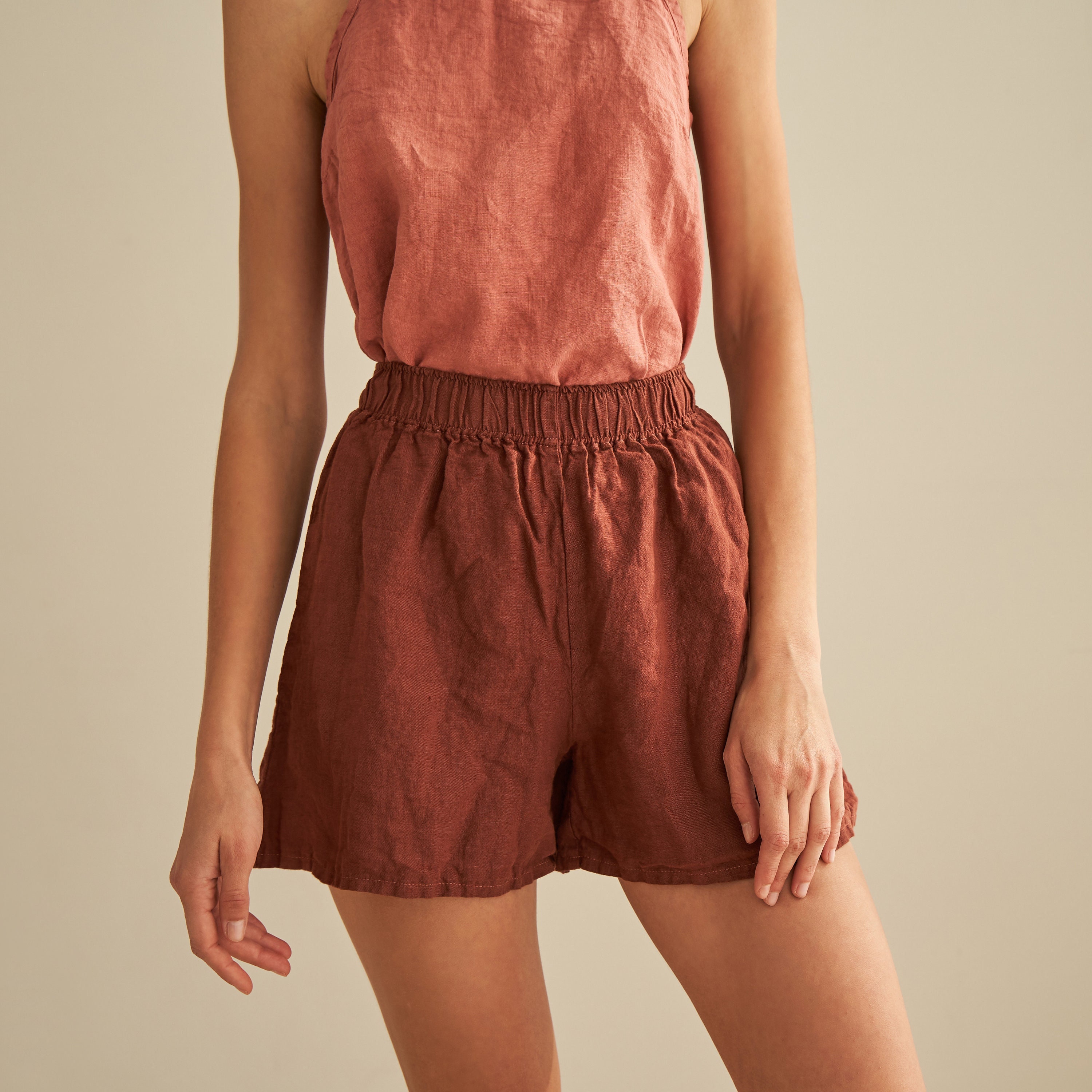High Waisted Linen Shorts: Elastic Waist Casual Shorts with Pockets NEBRASKA