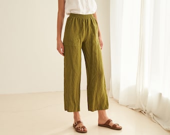 Linen trousers with elastic waist HARLOW, Linen pants with pockets, High waisted linen trousers, Casual linen pants for woman