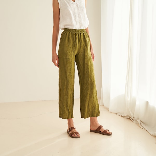 Linen trousers with elastic waist HARLOW, Linen pants with pockets, High waisted linen trousers, Casual linen pants for woman