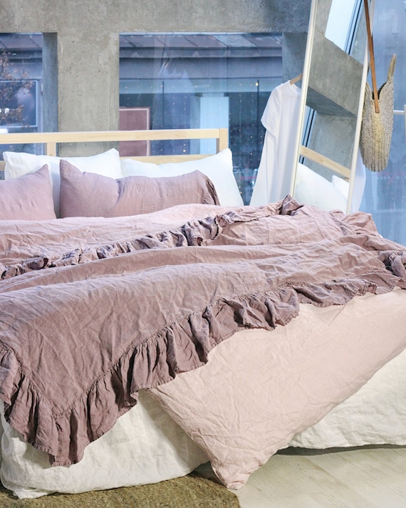 Ruffle Duvet Cover Linen Ruffle Duvet Mauve Duvet Cover Etsy