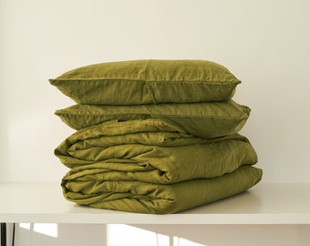 3 Piece Linen Bedding Set: Moss Green Duvet and Pillow Covers
