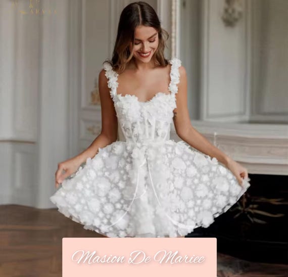 floral mini dress for wedding 3D Floral Short Sleeveless Bridal Dress by Ladivine WL081