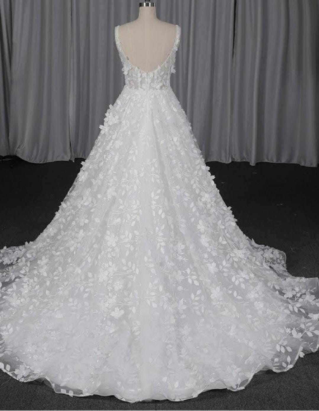 Luxury 3D Floral Appliqué Wedding Dress | Elegant Deep V Neck Bridal ...